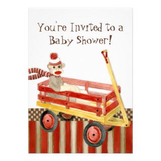 Sock Monkey, Red Wagon, Boy Baby Shower Invitation