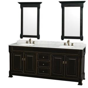 Wyndham Collection Andover 80 in. Vanity in Black with Marble Vanity Top in Carrara White with Porcelain Sink and Mirrors WCVTRAD80DBKCMUNDM28
