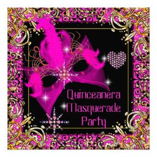 Hot Pink Gold Black Masquerade Quinceanera Party Invitation