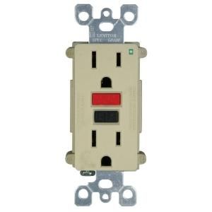 Leviton SmartLockPro 15 Amp Slim GFCI Duplex Outlet with Red/Black Buttons   Ivory R71 N7599 0RI