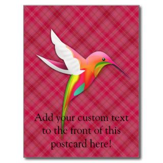 Colorful Hummingbird with Vivid Pink Plaid Postcard