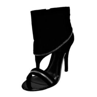 Luxury Divas Black Open Toe Fold Over Boots With Zipper Trim Shoes
