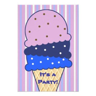 Blue Pink Stripes Ice Cream Party Invitation