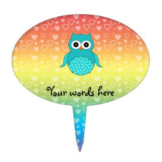 Cute turquoise owl rainbow hearts cake toppers