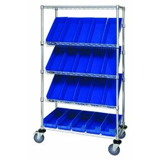 Quantum Storage Systems WRCSL5 63 1836 104BL 5 Tier Slanted Wire Shelving Suture Cart with 20 QSB104 Blue Economy Shelf Bins, 2 Horizontal and 3 Slanted Shelves, Chrome Finish, 69" Height x 36" Width x 18" Depth