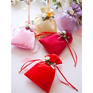 Satin Favor Bag With Flowers And Ribbons – Set of 12 (More Colors)