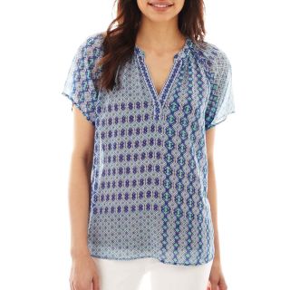 A.N.A Short Sleeve Smocked Neck Peasant Top   Petite, Blue
