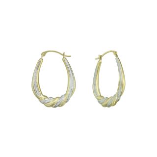 14K Two Tone Gold Small Oval Swirl Hoop Earrings, Womens