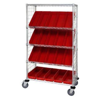 Quantum Storage Systems WRCSL5 63 2436EP 106RD 5 Tier Slanted Wire Shelving Suture Cart with 20 QSB106 Red Economy Shelf Bins, Enclosed, 2 Horizontal and 3 Slanted Shelves, Chrome Finish, 69" Height x 36" Width x 24" Depth Industrial & 