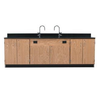 Diversified Woodcrafts 3226K Solid Oak Wood Wall Service Bench with Door/Drawer Cabinet, Epoxy Resin Top, 108" Width x 36" Height x 24" Depth Science Lab Utility Islands
