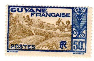 Postage Stamps French Guiana. One Single 50c Dark Blue & Olive Gray Shooting Rapids Maroni River Stamp, Dated 1929 40, Scott #124. 