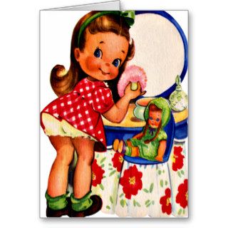 Little Girl and Doll   Retro Happy Birthday Greeting Card