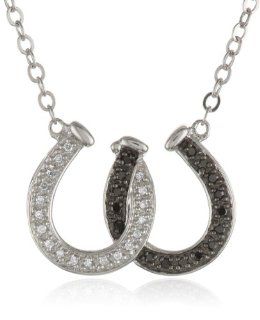 XPY Sterling Silver and Black and White Diamond Double Horseshoe Pendant Necklace (.13 cttw, Black Diamonds and  I J Color, I3 Clarity), 16.5" Jewelry