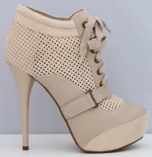 Nude Women's Perforated Lace up Round Toe Bootie Neutral 418 Platform High Heel Perforated Women Ankle Bootie (9) Shoes