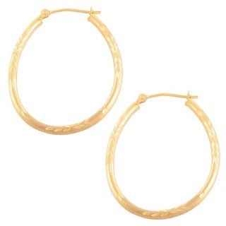 14 Karat Yellow Gold Polished and Matte Finished Oval Hoop Earrings Jewelry