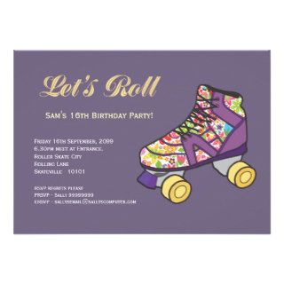 Purple Roller Skate Rollerskating Birthday Party Announcements