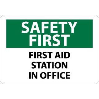 NMC SF162AB OSHA Sign, Legend "SAFETY FIRST   FIRST AID STATION IN OFFICE", 14" Length x 10" Height, Aluminum, Black/Green on White Industrial Warning Signs