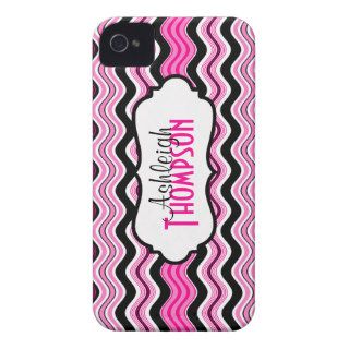 Personalized Pink, Black, White Wavy Stripes iPhone 4 Covers