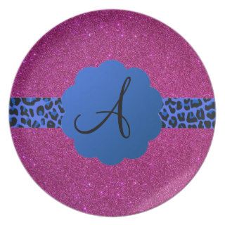 Blue leopard monogram pink glitter party plates
