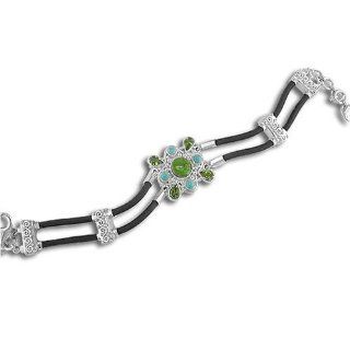 Sterling Silver Gaspeite, Turquoise and Peridot Bracelet on Rubber Cord by Sajen Jewelry
