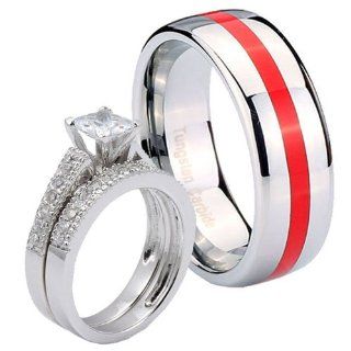 3 pcs Tungsten Red Resin Inlay & Sterling Silver 2.2CT CZ Engagement Ring Set Sz 5, 10 Jewelry