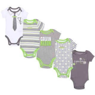 Calvin Klein Newborn Boys Printed Bodysuits Set in Light Green/ White/ Grey (Pack of 5) Calvin Klein Boys' Sets