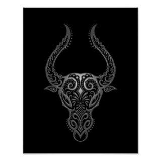 Intricate Grey Taurus Zodiac on Black Print