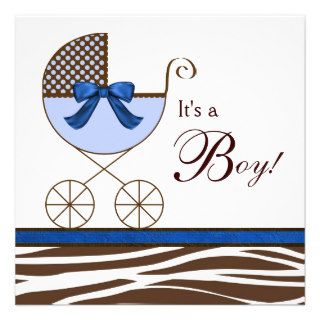 Blue Brown Zebra Baby Boy Shower Invitations