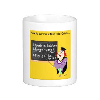 Funny midlife crisis cartoons, how to survive it mugs