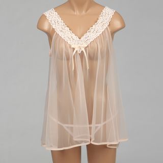 Illusion Women's Peach Sheer Lace Babydoll Illusion Lingerie
