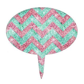 Chevron Pattern, pink & teal glitter photo print Cake Toppers
