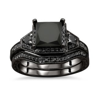 14k Gold 2ct TDW Certified Black Princess cut Diamond Engagement Ring Bridal Set Diamond Rings
