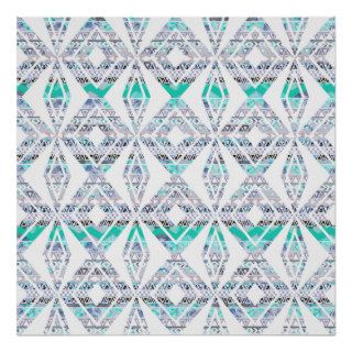 Teal Floral Aztec Geometric Diamond Shapes Pattern Posters