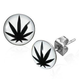 E664 E664 10mm Stainless Steel Marijuana Ganja Leaf Circle Stud Earrings Jewelry