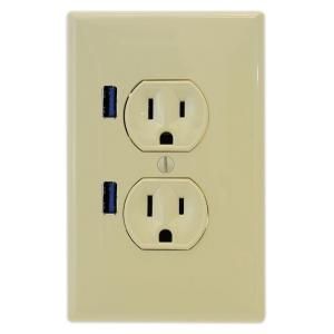 U Socket 15 Amp AC Standard Duplex Wall Outlet   Ivory with Built in USB Charger Ports ACE 7951