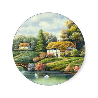 Painting Of Swans On A Lake Near A Home Stickers