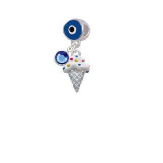 2 D Vanilla Ice Cream Cone with Sprinkles Blue Evil Eye Charm Bead Dangle with Crystal Drop Jewelry