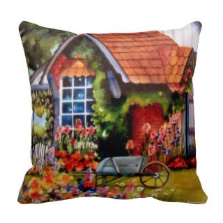 "Cottage with wheelbarrow in the English garden" Pillows