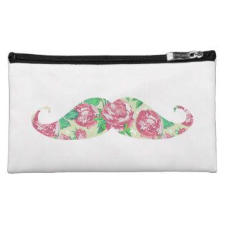 Funny Girly Pink Green White Floral Mustache Makeup Bags