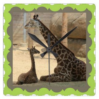 Cute Mom and Baby Giraffe, Lime Border Clocks