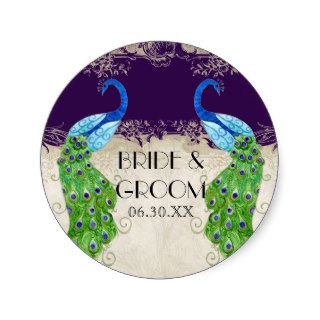 Art Deco Peacock Favor Gift Tags Seal Dark Purple Round Sticker