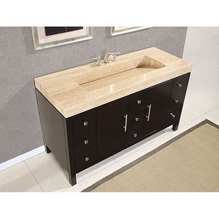 60 inch Modern Travertine Stone Top Integrated Sink Bathroom Double Vanity Cabinet Silkroad Exclusive Bathroom Vanities