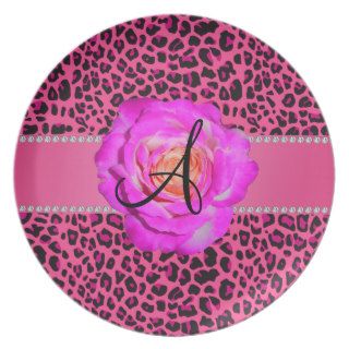 Monogram pink leopard hot pink rose party plates