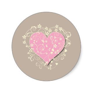 Pink heart and cream florals on beige wedding round stickers