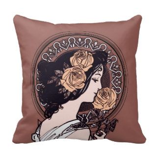 Orange brown art nouveau girl pillow