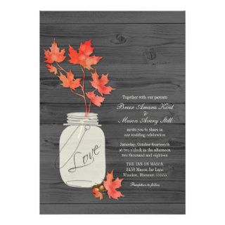 Fall Wedding Mason Jar with Leaves Wood Grain Announcements