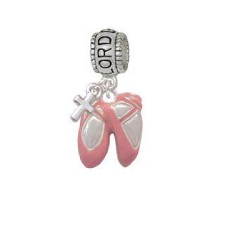 Large Pink Ballet Slippers Lord Guide Me Charm Bead with Cross Jewelry