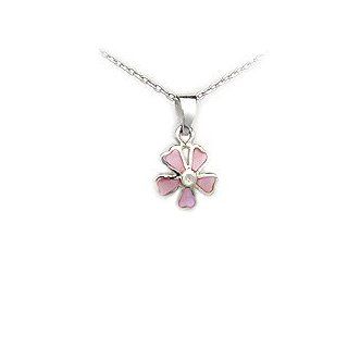 Beautiful Children's Sterling Silver and Pink Mother of Pearl Flower Pendant, 14" chain Jewelry