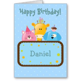 Cute Happy Birthday Giraffe, Dog & Cat Card