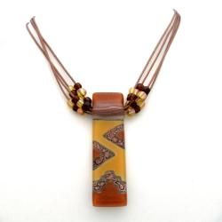 Cotton and Earth tone Zigzag Fused Glass Rectangle Necklace (Chile) Global Crafts Necklaces